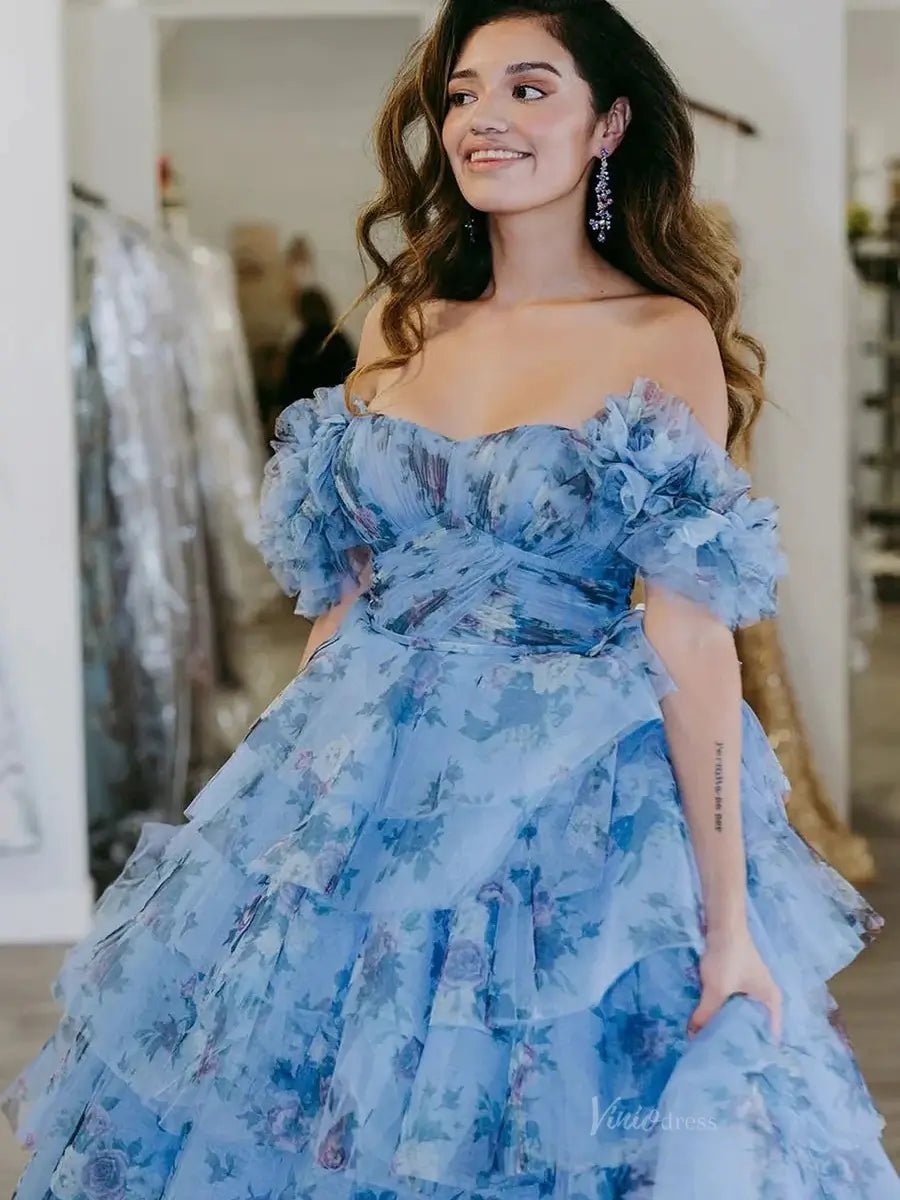 Blue Floral Print Tulle Prom Dresses 2025 Tiered Off the Shoulder Formal Gown - FD5303-prom dresses 2025 -Viniodress-Blue-Custom Size-