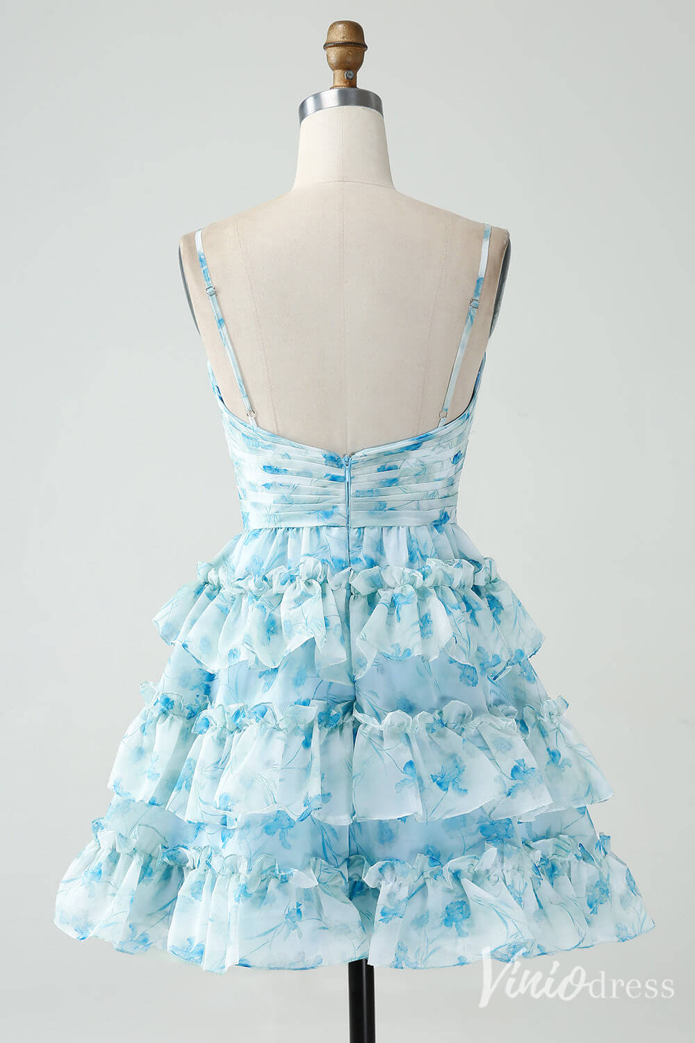 Blue Floral Tiered Homecoming Dresses Spaghetti Strap Back to School Dress S24047-prom dresses-Viniodress-Viniodress