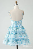 Blue Floral Tiered Homecoming Dresses Spaghetti Strap Back to School Dress S24047-prom dresses-Viniodress-Viniodress