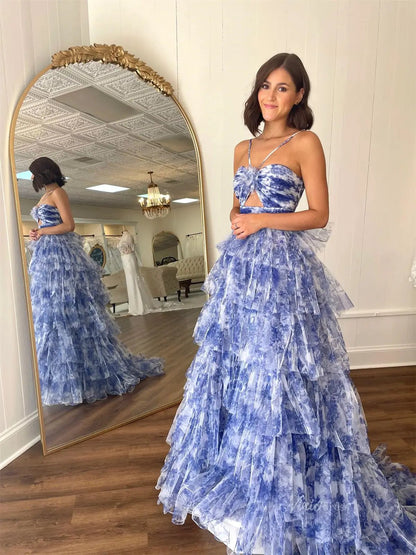 Blue Floral Tulle Tiered Prom Dresses with Spaghetti Straps & 3D Flower - FD5309-prom dresses 2025 -Viniodress-Blue-Custom Size-