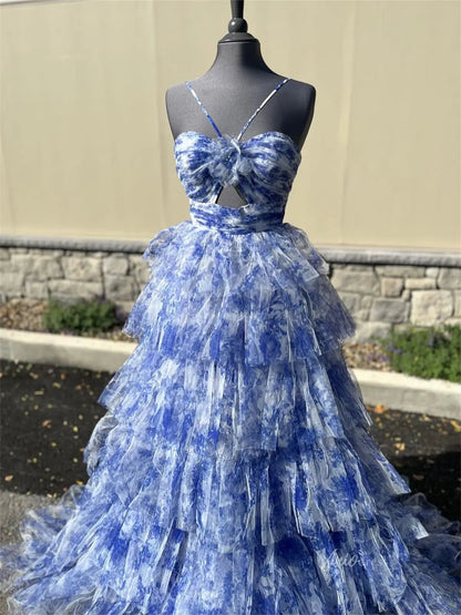 Blue Floral Tulle Tiered Prom Dresses with Spaghetti Straps & 3D Flower - FD5309-prom dresses 2025 -Viniodress-Blue-Custom Size-