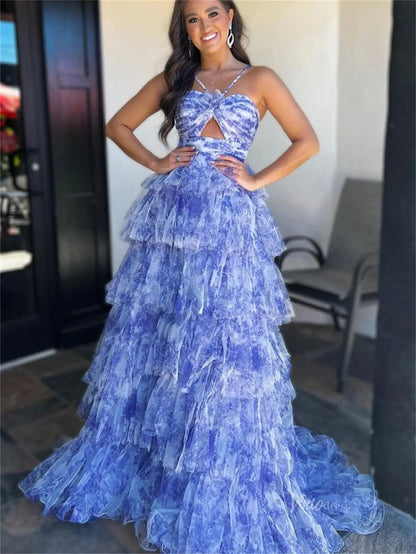 Blue Floral Tulle Tiered Prom Dresses with Spaghetti Straps & 3D Flower - FD5309-prom dresses 2025 -Viniodress-Blue-Custom Size-