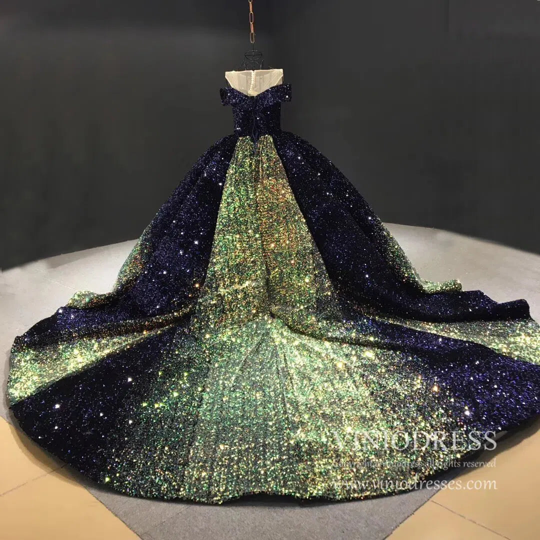 Blue & Gold Ombre Ball Gown Wedding Dress 66991 Extra Long Tail-Quinceanera Dresses 2025 -Viniodress-Blue-Custom Size-