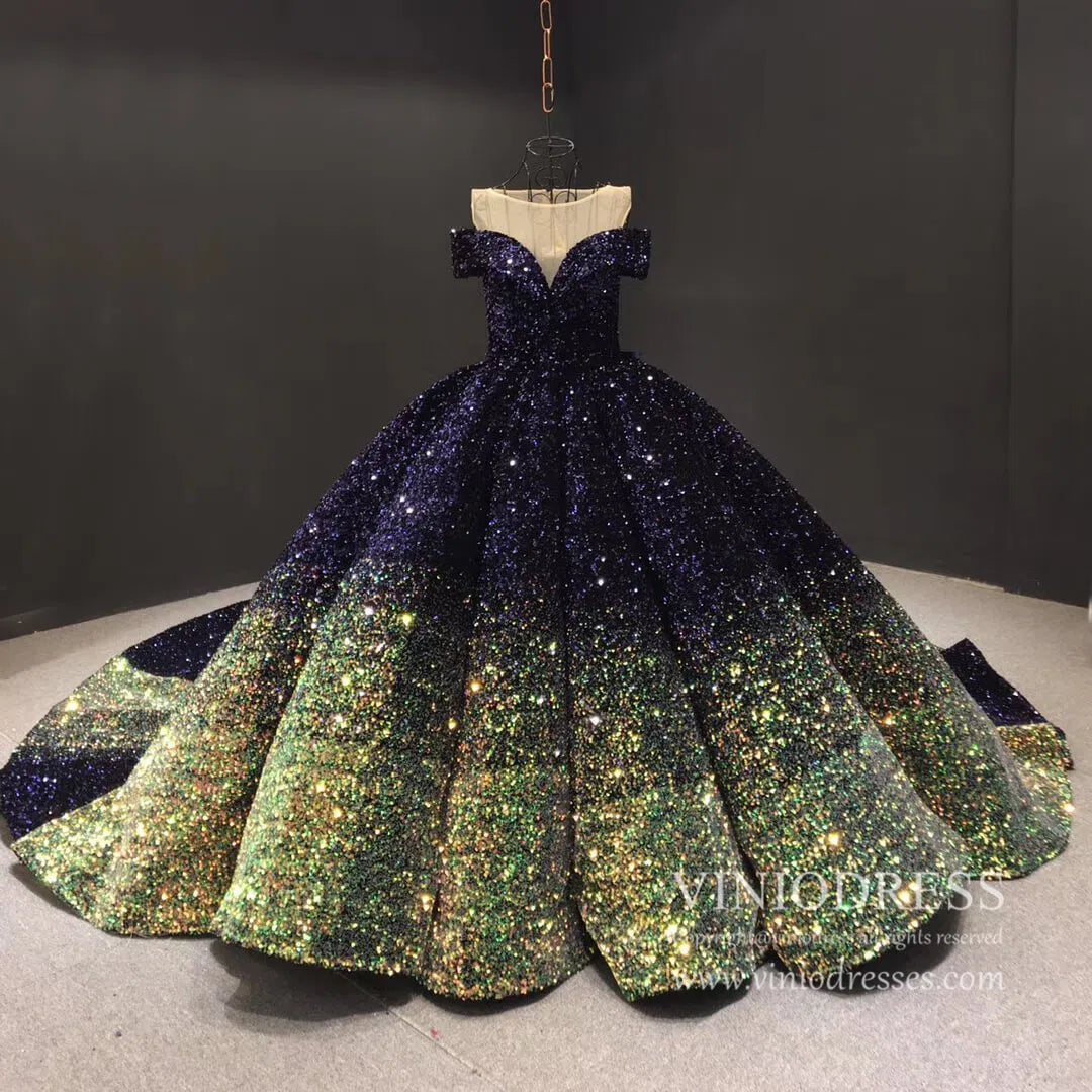 Blue & Gold Ombre Ball Gown Wedding Dress 66991 Extra Long Tail-Quinceanera Dresses 2025 -Viniodress-Blue-Custom Size-