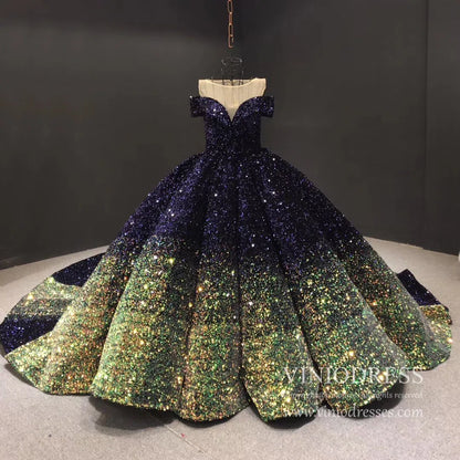 Blue & Gold Ombre Ball Gown Wedding Dress 66991 Extra Long Tail-Quinceanera Dresses 2025 -Viniodress-Blue-Custom Size-