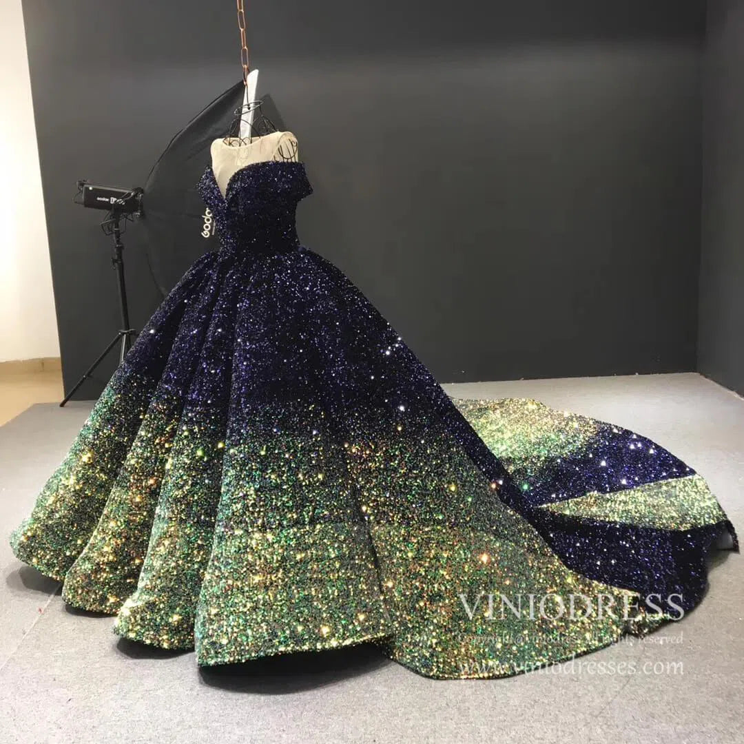 Blue & Gold Ombre Ball Gown Wedding Dress 66991 Extra Long Tail-Quinceanera Dresses 2025 -Viniodress-Blue-Custom Size-