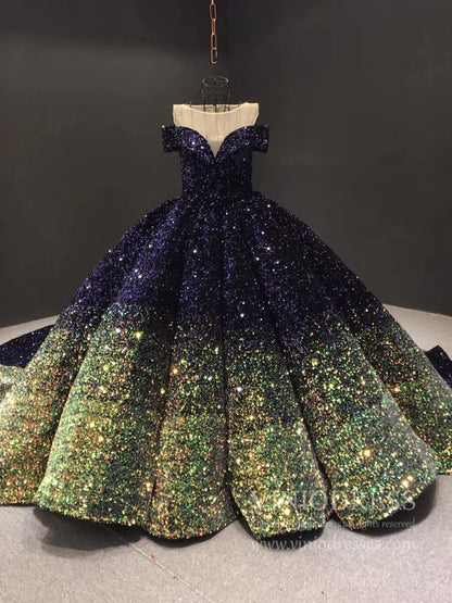 Blue & Gold Ombre Ball Gown Wedding Dress 66991 Extra Long Tail-Quinceanera Dresses 2025 -Viniodress-Blue-Custom Size-