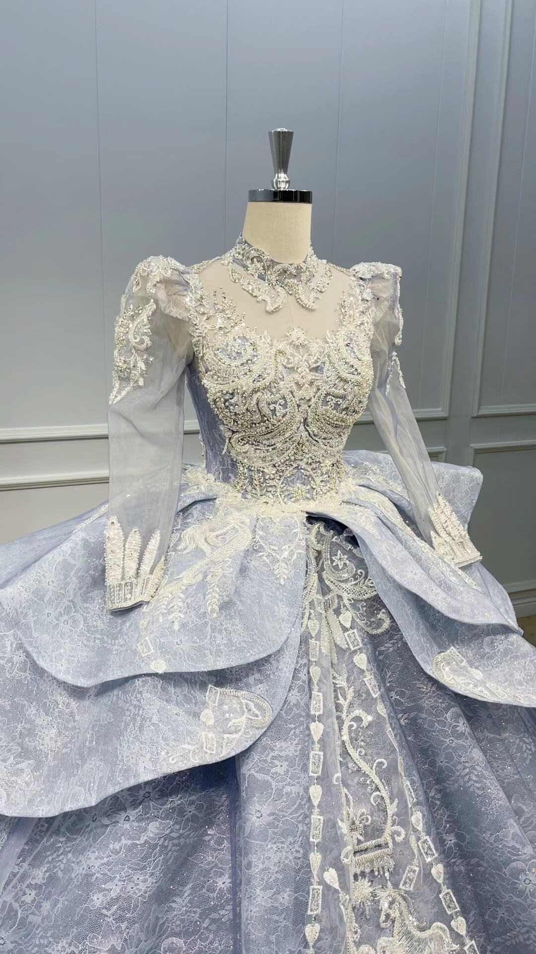 High Neck Long Sleeve Dubai Wedding Dress Dusty Blue Ball Gowns 510093-Quinceanera Dresses 2025 -Viniodress-Dusty Blue-US 2-