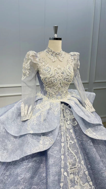 High Neck Long Sleeve Dubai Wedding Dress Dusty Blue Ball Gowns 510093-Quinceanera Dresses 2025 -Viniodress-Dusty Blue-US 2-