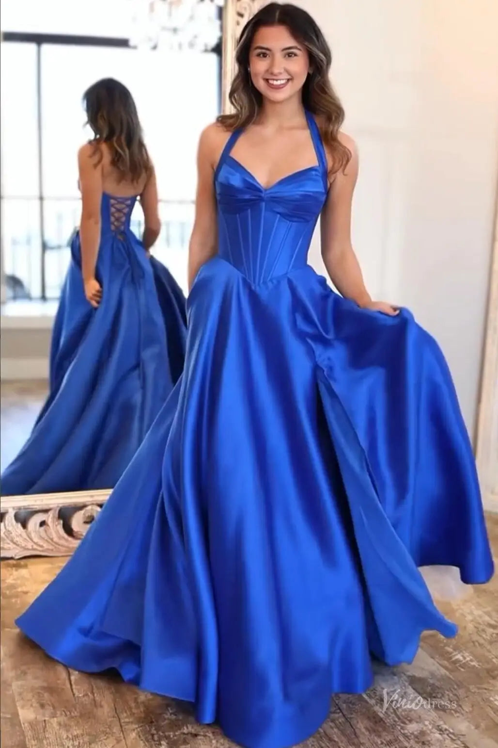 Blue Halter Satin Ball Gown Prom Dress with Corset Bodice AS091 Viniodress Blue Halter Satin Ball Gown Prom Dress with Corset Bodice AS091 Viniodress
