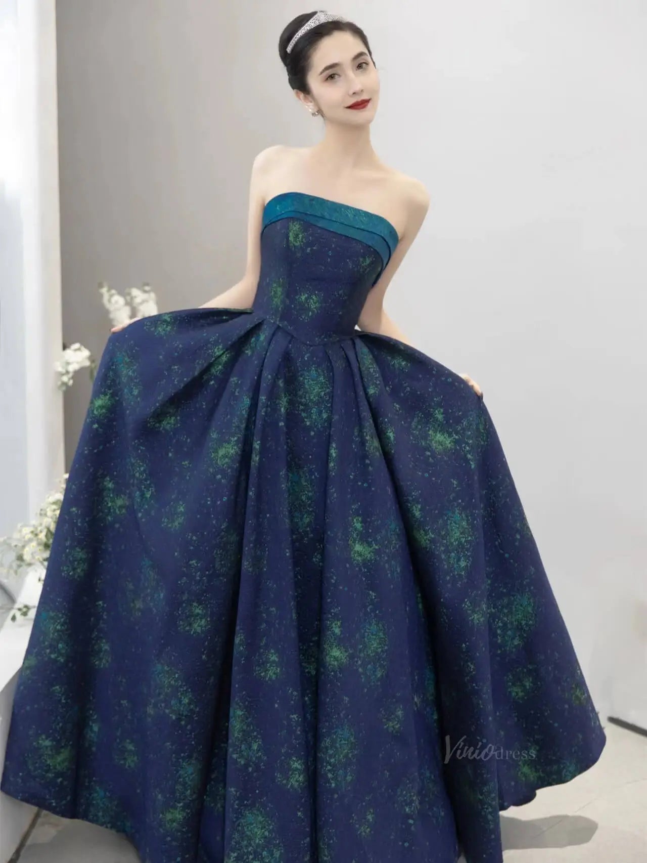 Blue Jacquard Prom Dresses Strapless Quinceanera Dresses SU082-prom dresses 2025 -Viniodress-Blue-Custom Size-