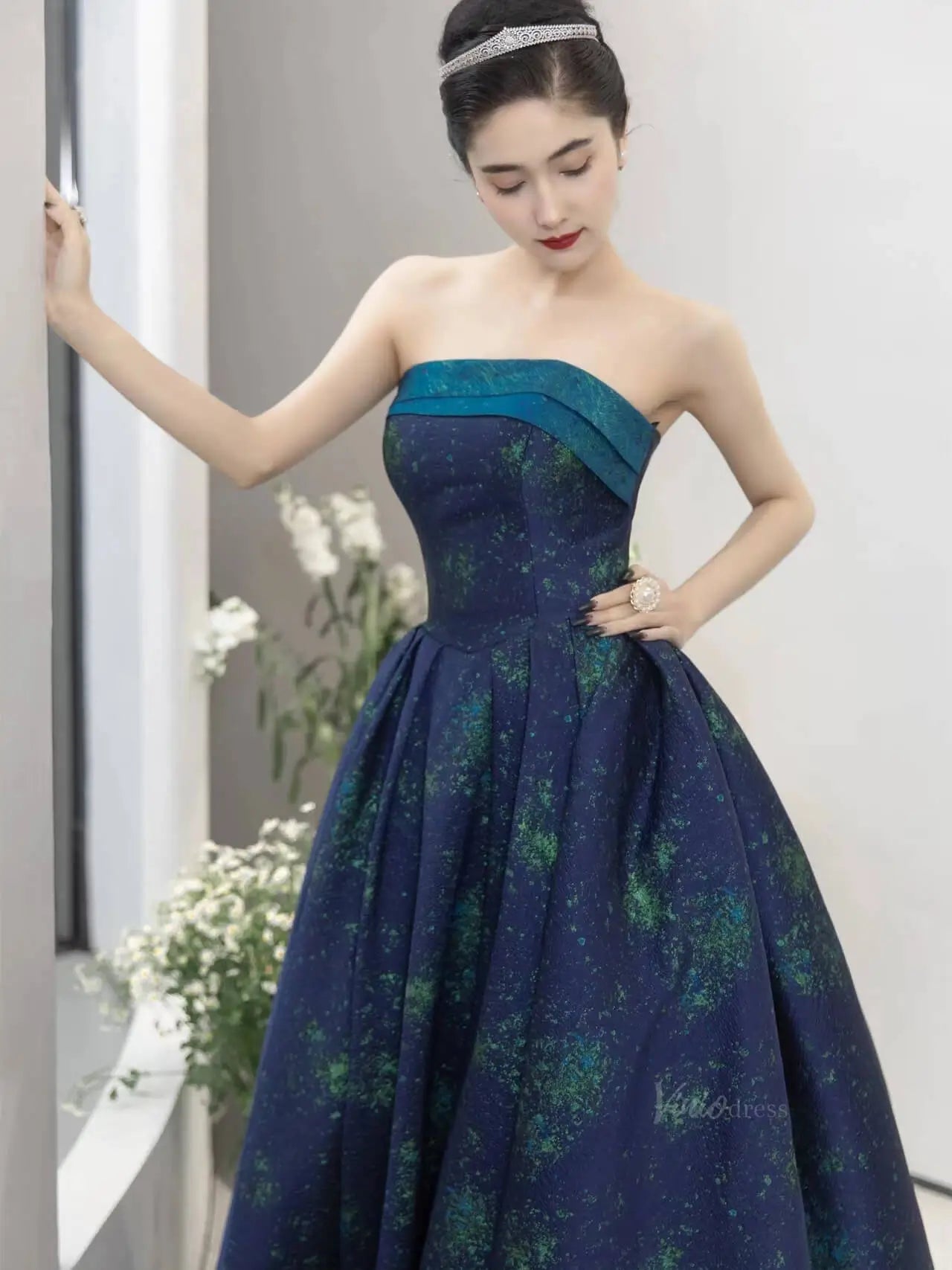 Blue Jacquard Prom Dresses Strapless Quinceanera Dresses SU082-prom dresses 2025 -Viniodress-Blue-Custom Size-