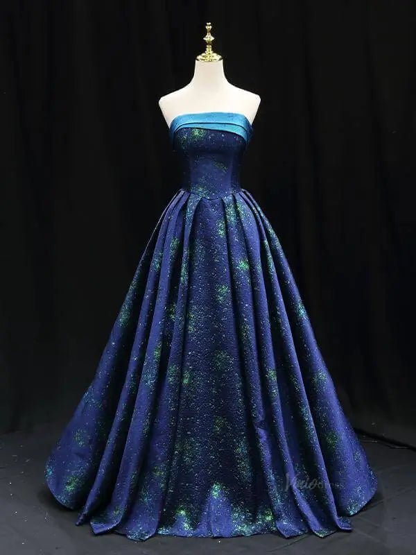 Blue Jacquard Prom Dresses Strapless Quinceanera Dresses SU082-prom dresses 2025 -Viniodress-Blue-Custom Size-