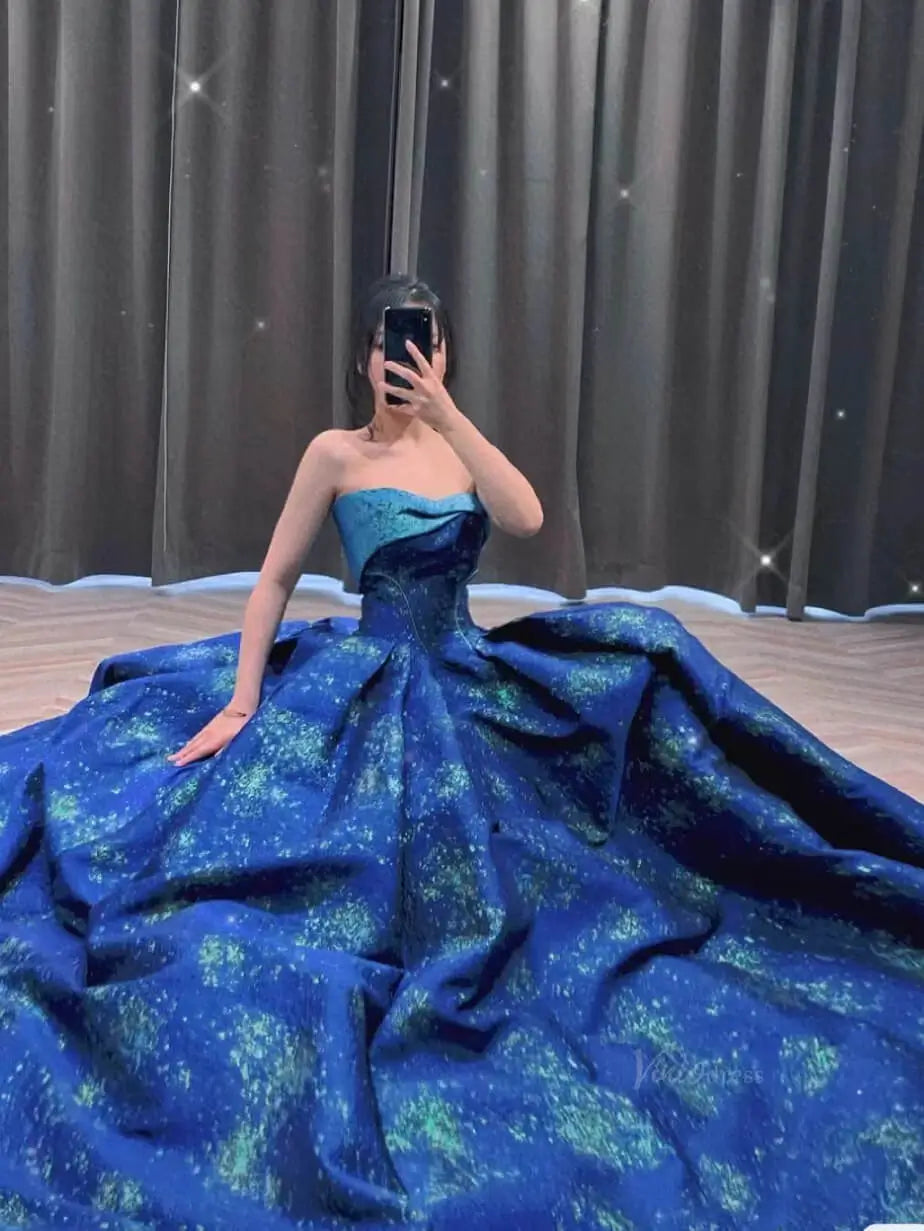 prom dresses 2025 Blue Jacquard Prom Dresses Strapless Quinceanera Dresses SU082-plus size wedding dresses Viniodress-Blue-Custom Size-