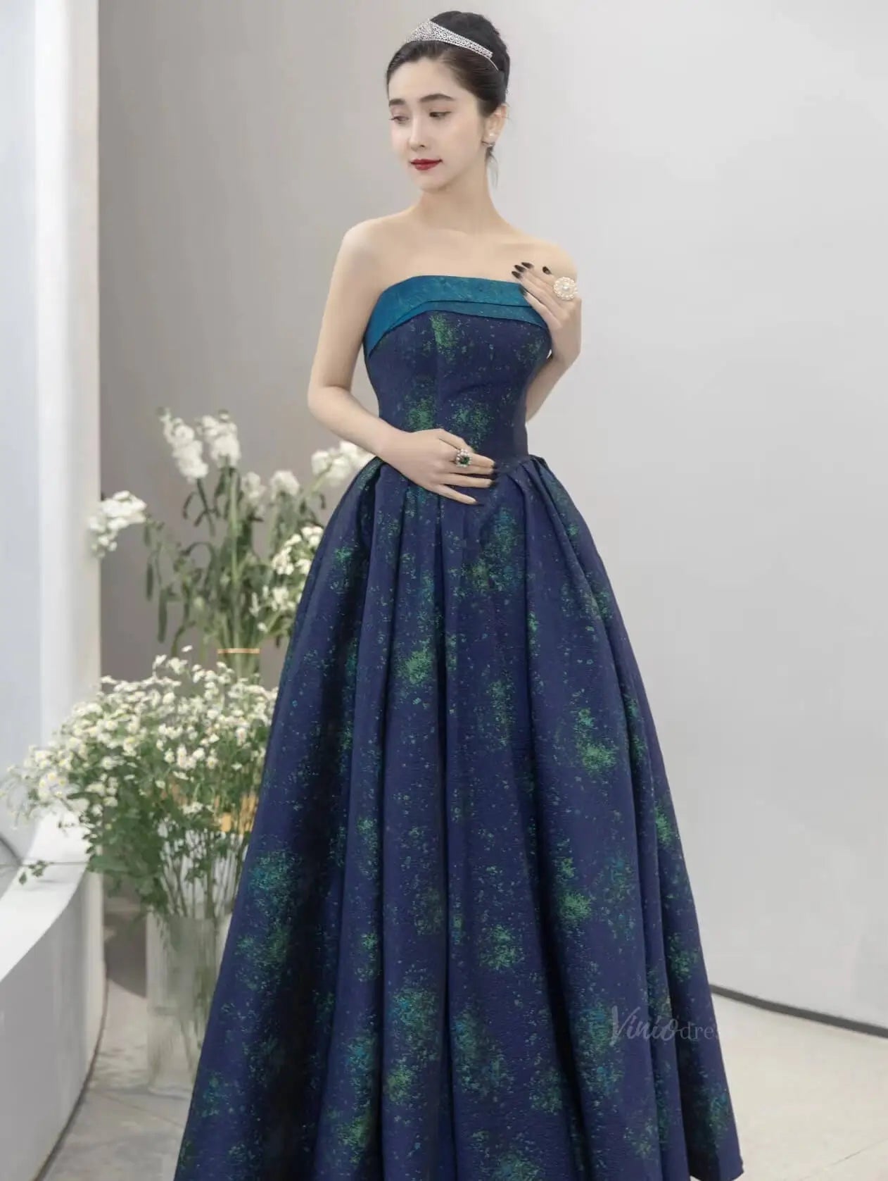 prom dresses 2025 Blue Jacquard Prom Dresses Strapless Quinceanera Dresses SU082-plus size wedding dresses Viniodress-Blue-Custom Size-