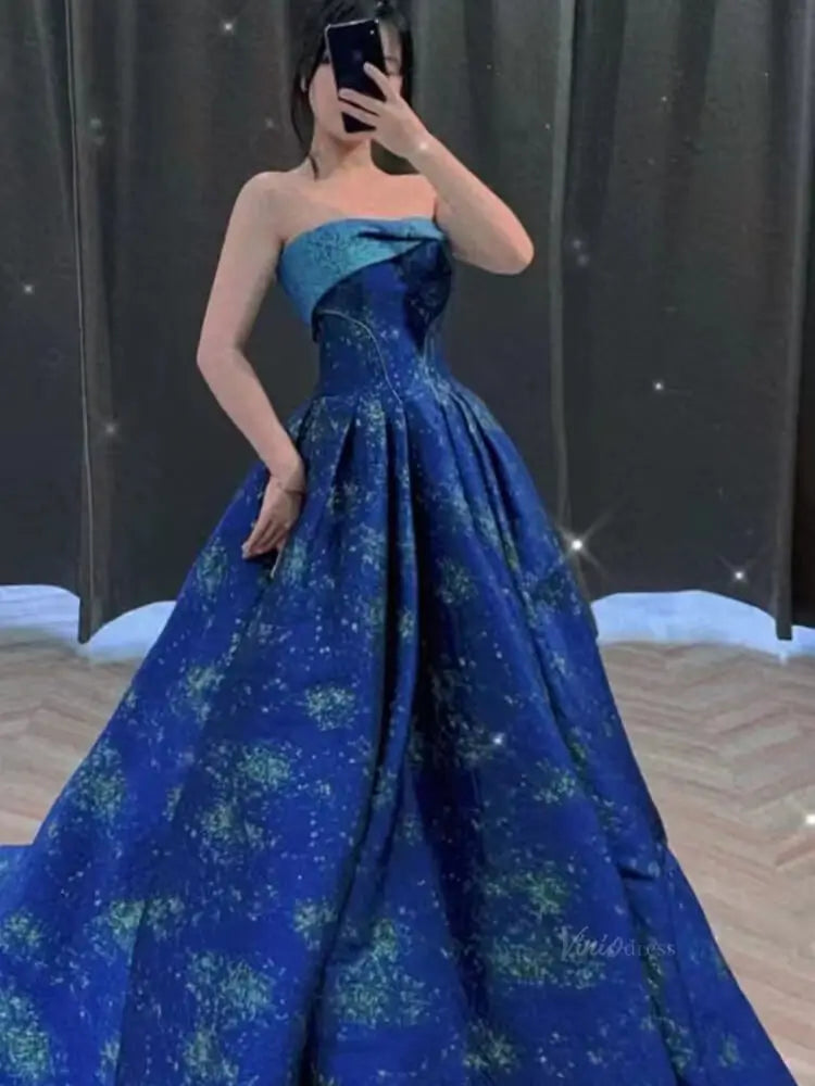 prom dresses 2025 Blue Jacquard Prom Dresses Strapless Quinceanera Dresses SU082-plus size wedding dresses Viniodress-Blue-Custom Size-