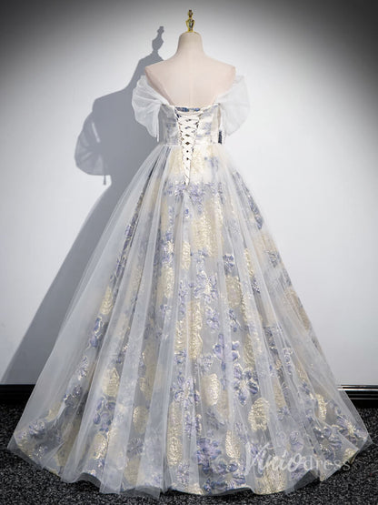 Blue Jacquard Satin Off the Shouler Prom Dresses 3D Flower Beaded String 90021-prom dresses 2025 -Viniodress-Blue-Custom Size-