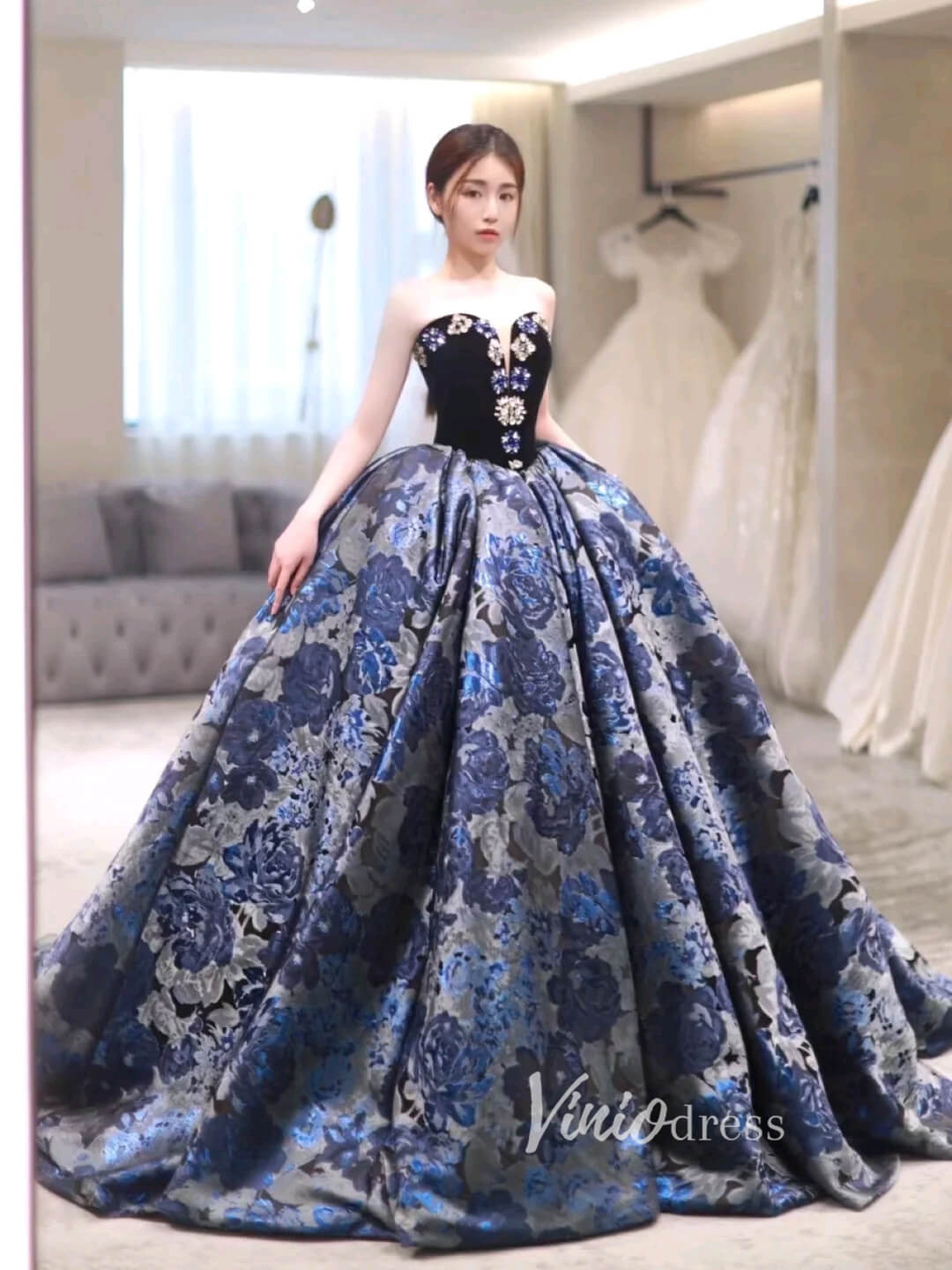 Blue Jacquard Satin Prom Dresses Removable Puffed Sleeve Quinceanera D ...