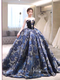 Blue Jacquard Satin Prom Dresses Removable Puffed Sleeve Quinceanera Dress FD3443-prom dresses-Viniodress-Viniodress