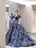 Blue Jacquard Satin Prom Dresses Removable Puffed Sleeve Quinceanera Dress FD3443-prom dresses-Viniodress-Viniodress