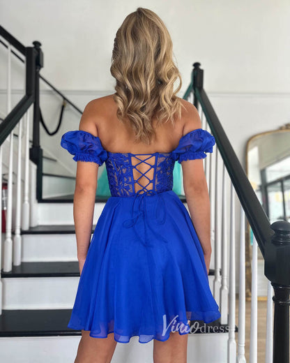 Blue Lace Applique Homecoming Dresses Chiffon Short Prom Dress SD1642-prom dresses 2025 -Viniodress-Blue-Custom Size-