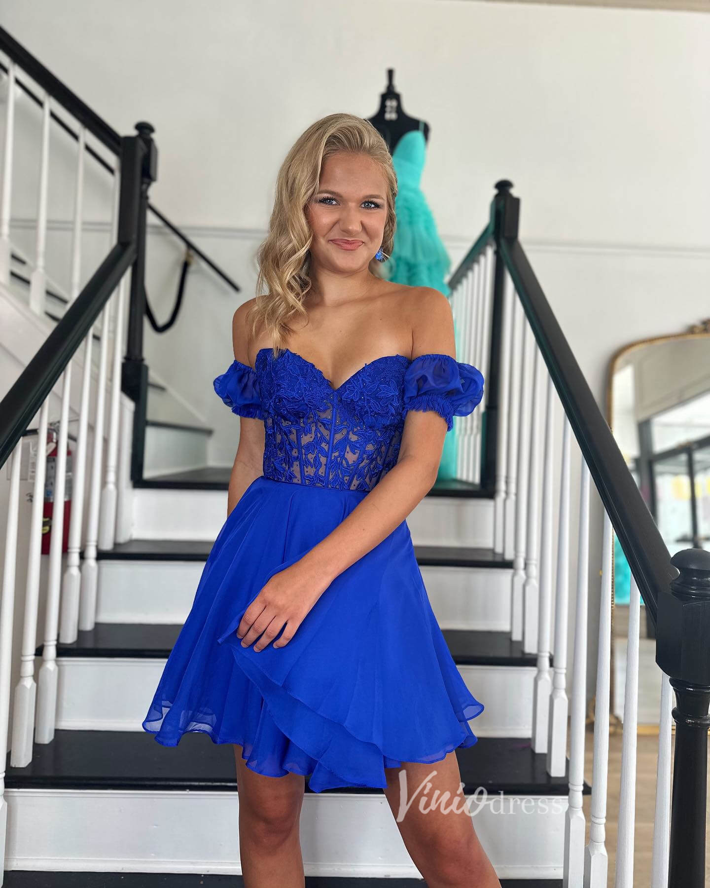 Blue Lace Applique Homecoming Dresses Chiffon Short Prom Dress SD1642-prom dresses 2025 -Viniodress-Blue-Custom Size-