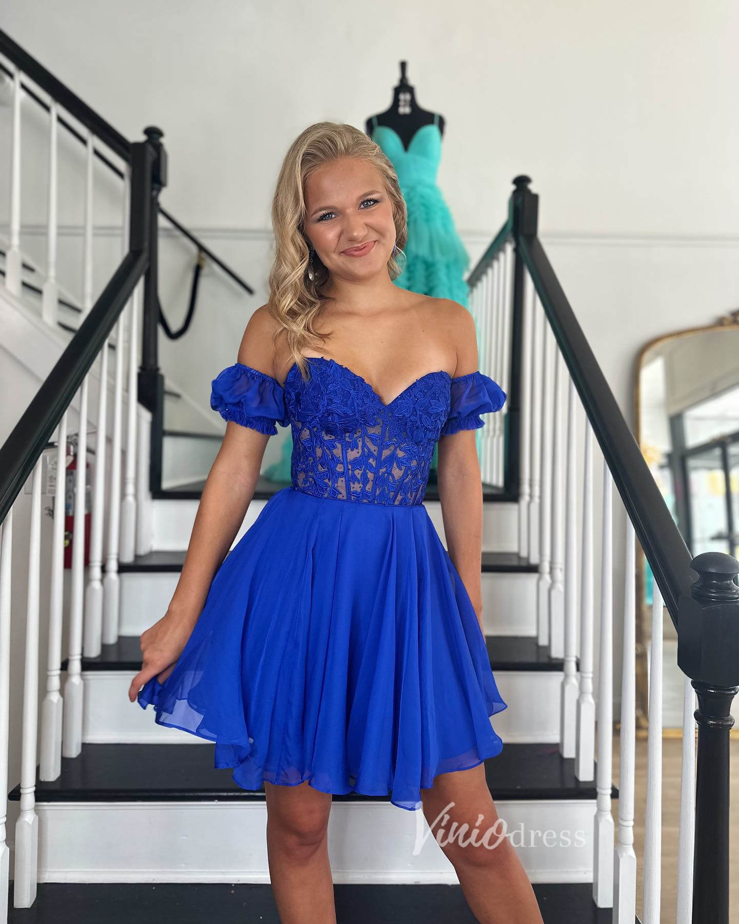 Blue Lace Applique Homecoming Dresses Chiffon Short Prom Dress SD1642-prom dresses 2025 -Viniodress-Blue-Custom Size-