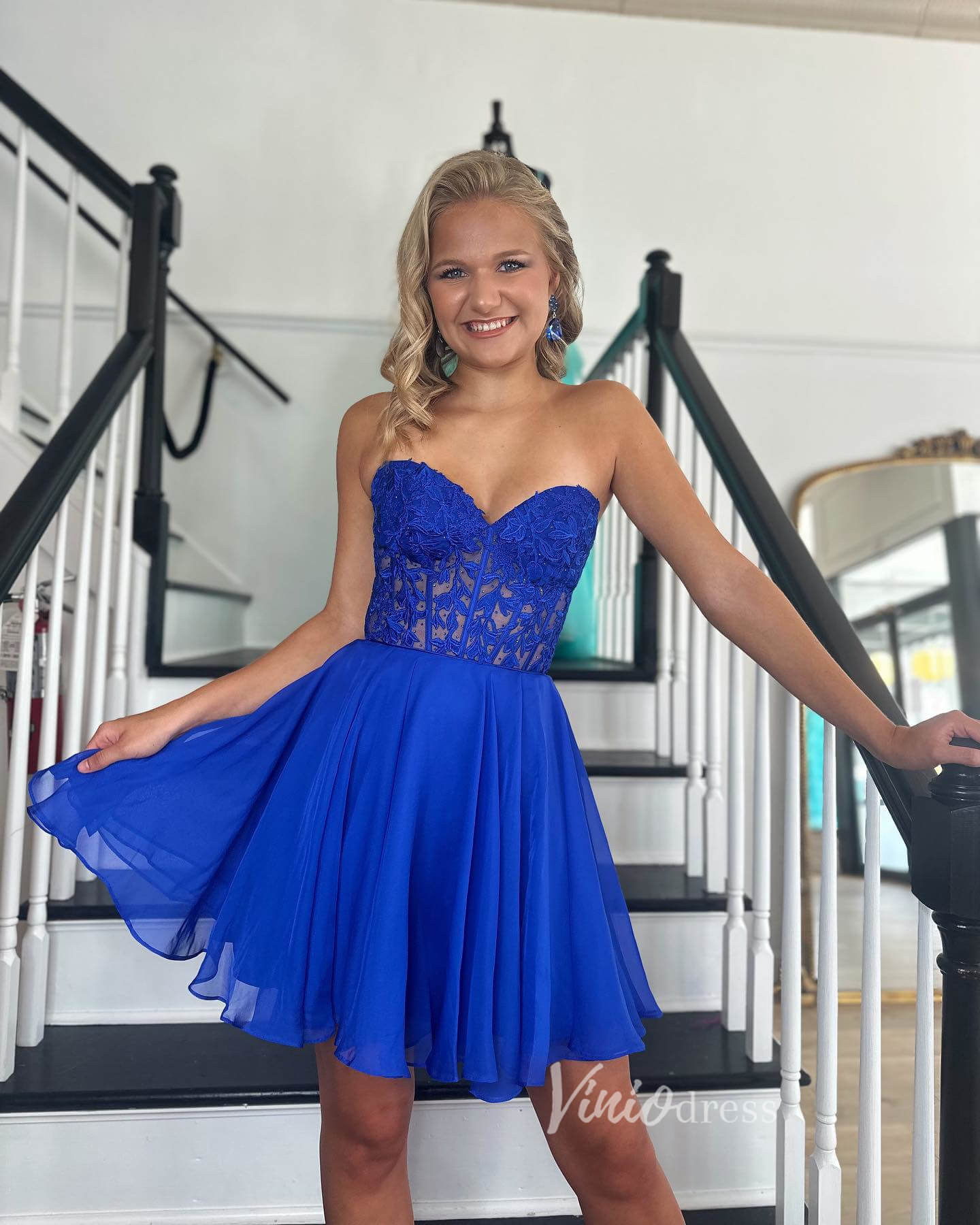 Blue Lace Applique Homecoming Dresses Chiffon Short Prom Dress SD1642-prom dresses 2025 -Viniodress-Blue-Custom Size-