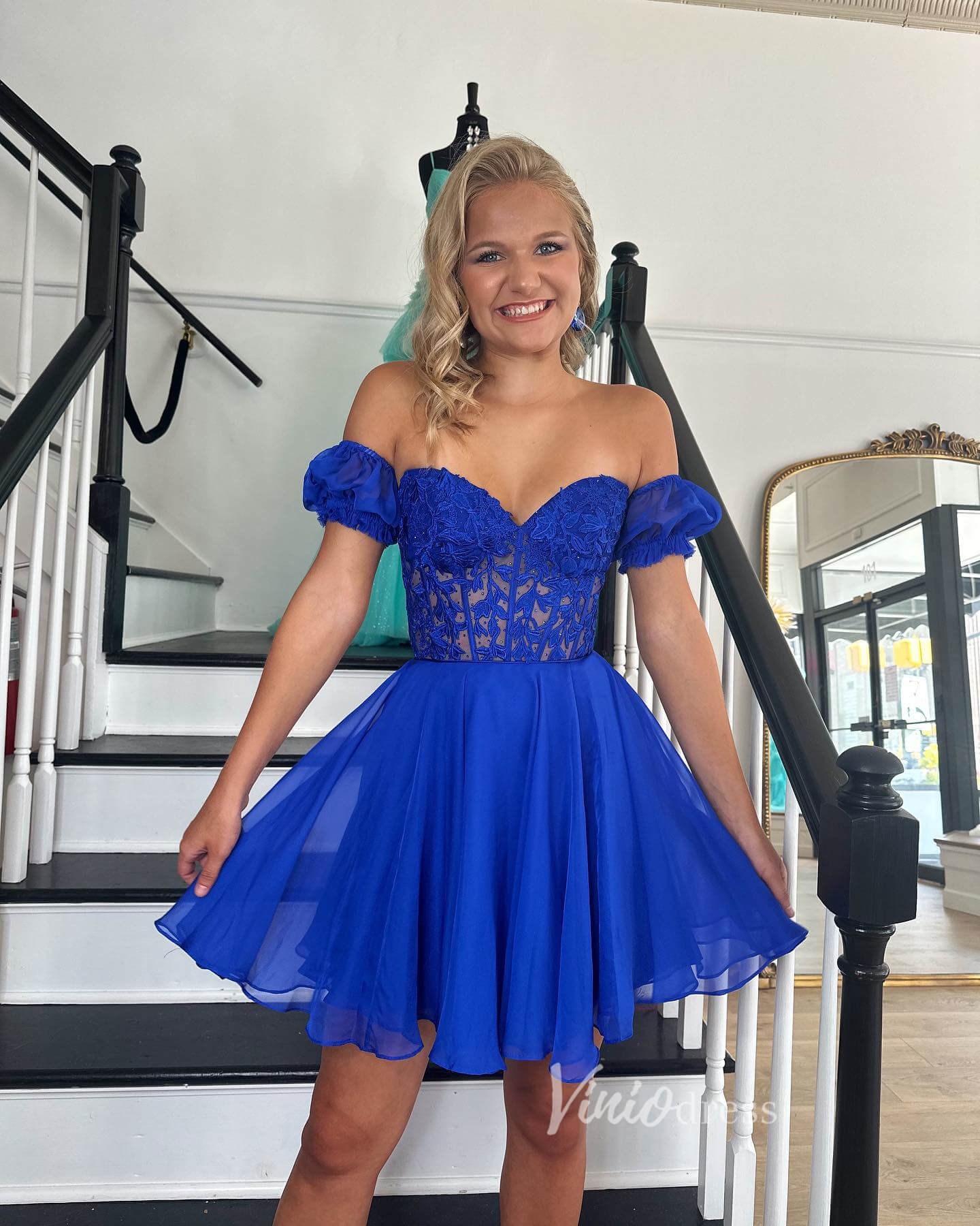 Blue Lace Applique Homecoming Dresses Chiffon Short Prom Dress SD1642   Viniodress