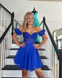 Vestido de fiesta corto de gasa con apliques de encaje azul SD1642 