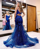 Blue Lace Applique Mermaid Prom Dresses Sparkly Tulle Spaghetti Strap FD4088-prom dresses-Viniodress-Viniodress