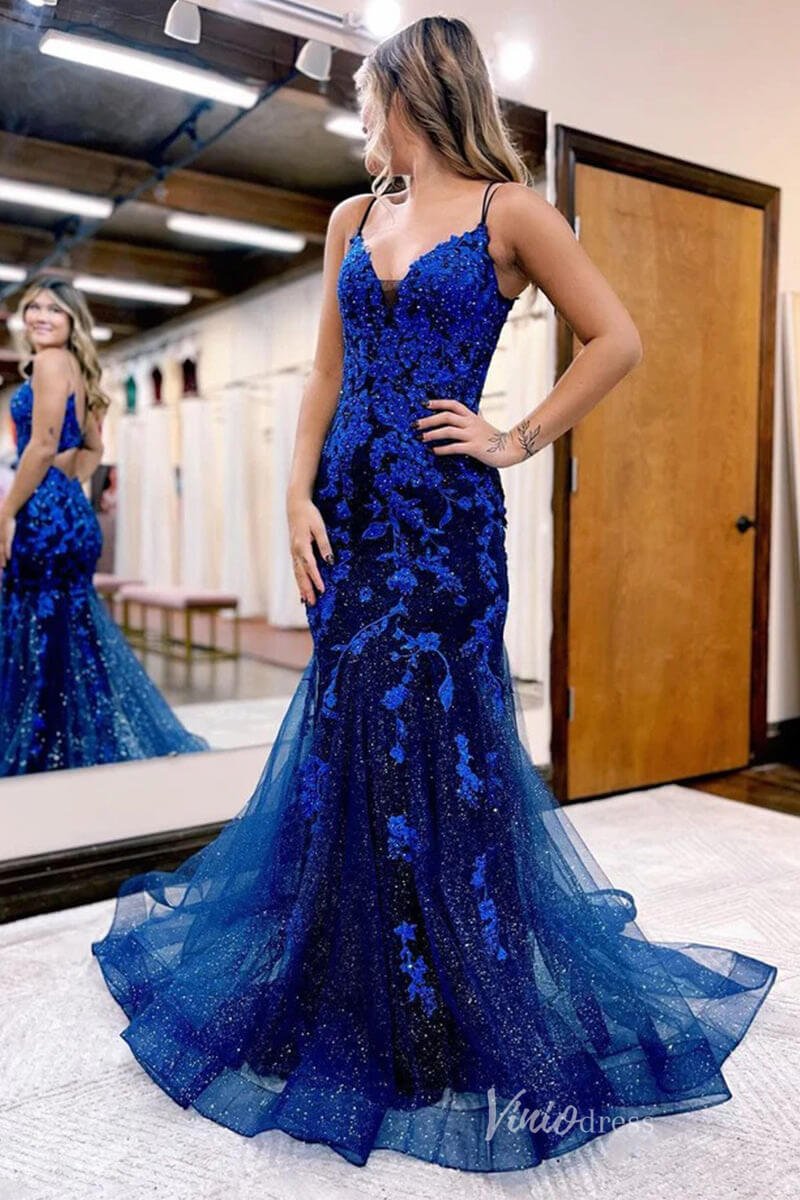 Blue Lace Applique Mermaid Prom Dresses Sparkly Tulle Spaghetti Strap FD4088 - Viniodressprom dressesBlueCustom Size - Formal Dresses - Ball Gowns