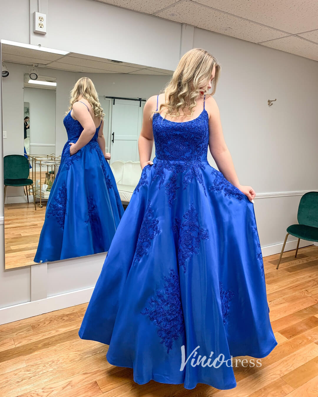 Prom Dress 2025 Blue Lace Applique Prom Dresses Spaghetti Strap Formal Gown FD3361-unique prom dresses-Blue-Custom Size-Viniodress