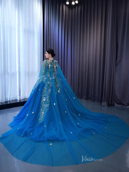 Blue Lace Applique Sweet 16 Ball Gowns Sparkly Tulle Wedding Dresses with Cape 231053-Quinceanera Dresses 2025 -Viniodress-Blue-Custom Size-