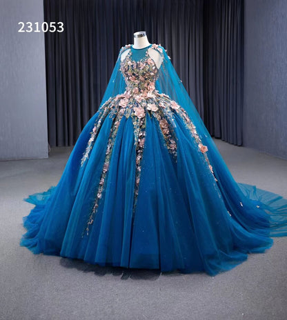 Blue Lace Applique Sweet 16 Ball Gowns Sparkly Tulle Wedding Dresses with Cape 231053-Quinceanera Dresses 2025 -Viniodress-Blue-Custom Size-