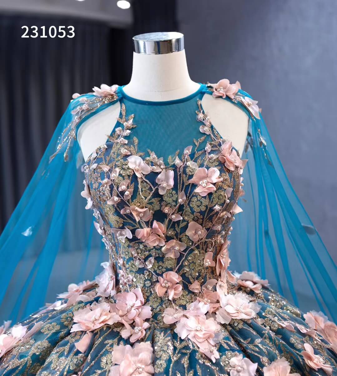 Blue Lace Applique Sweet 16 Ball Gowns Sparkly Tulle Wedding Dresses with Cape 231053-Quinceanera Dresses 2025 -Viniodress-Blue-Custom Size-