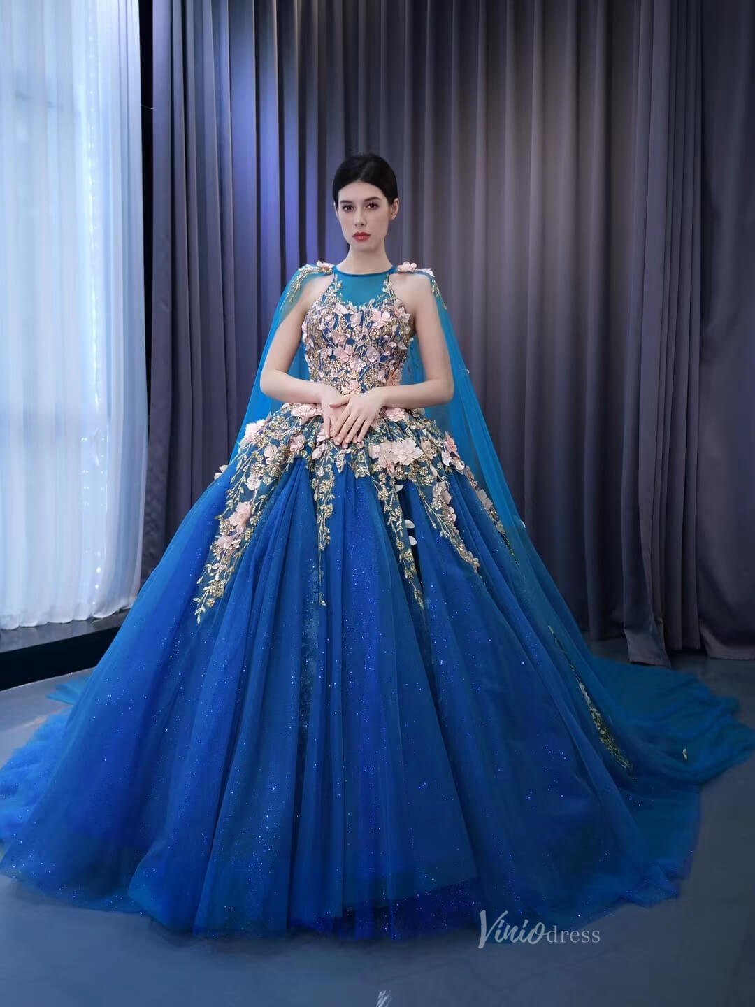 Blue Lace Applique Sweet 16 Ball Gowns Sparkly Tulle Wedding Dresses with Cape 231053-Quinceanera Dresses 2025 -Viniodress-Blue-Custom Size-