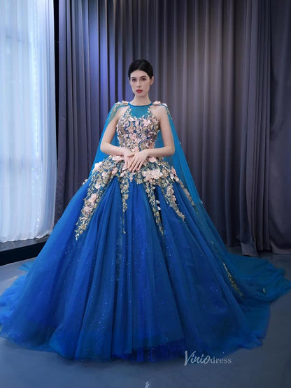 Blue Lace Applique Sweet 16 Ball Gowns Sparkly Tulle Wedding Dresses with Cape 231053-Quinceanera Dresses 2025 -Viniodress-Blue-Custom Size-