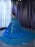 Blue Lace Applique Sweet 16 Ball Gowns Sparkly Tulle Wedding Dresses with Cape 231053-Quinceanera Dresses-Viniodress-Viniodress