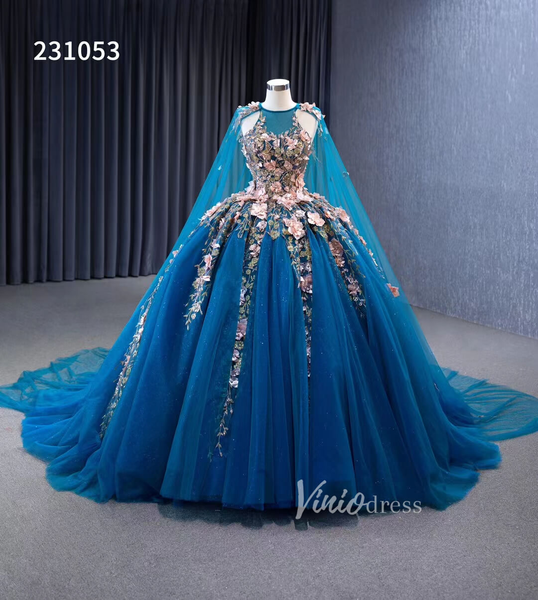 Blue Lace Applique Sweet 16 Ball Gowns Sparkly Tulle Wedding Dresses with Cape 231053-Quinceanera Dresses-Viniodress-Viniodress