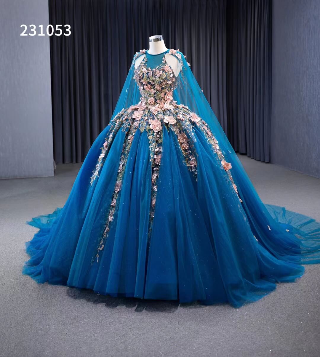 Blue Lace Applique Sweet 16 Ball Gowns Sparkly Tulle Wedding Dresses with Cape 231053-Quinceanera Dresses-Viniodress-Viniodress