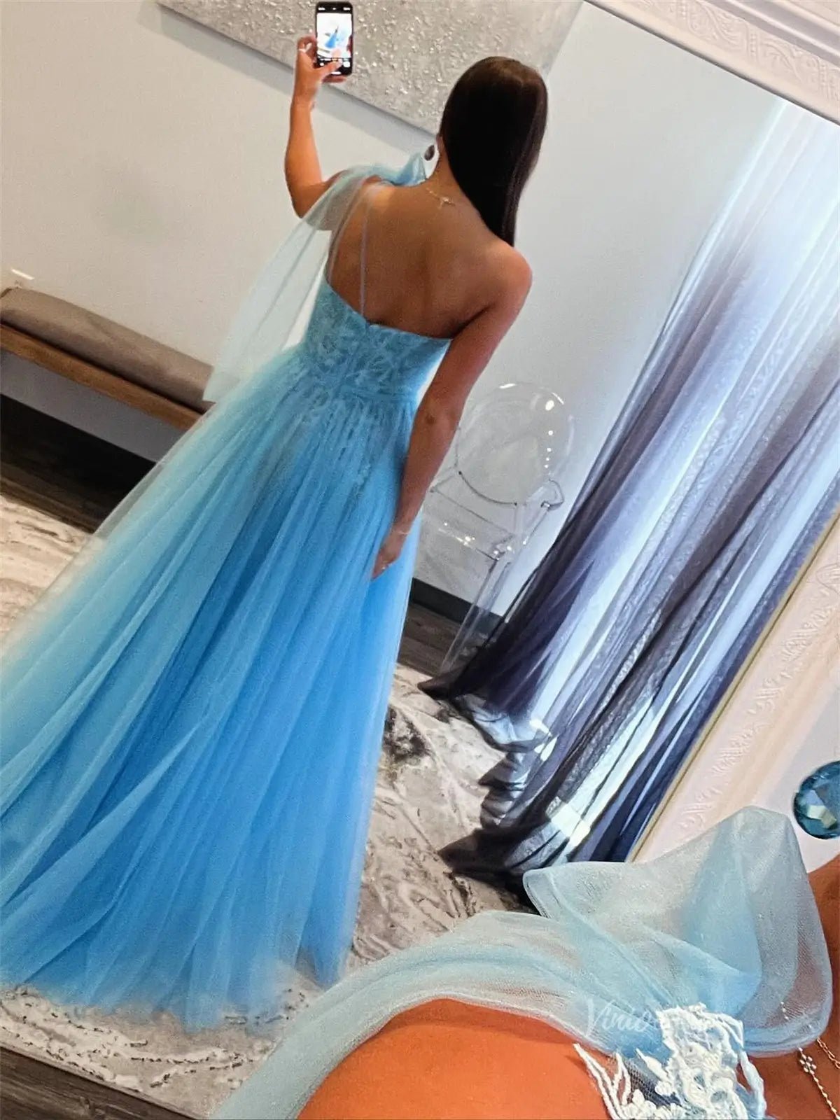 Blue Lace Tulle Prom Dresses with Bow One Shoulder & Sit - FD5186 Viniodress Blue Lace Tulle Prom Dresses with Bow One Shoulder & Sit - FD5186 Viniodress