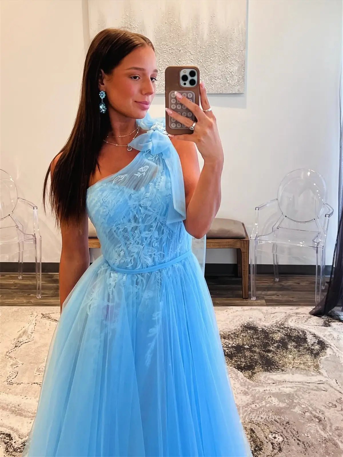 Blue Lace Tulle Prom Dresses with Bow One Shoulder & Sit - FD5186-prom dresses 2025 -Viniodress-Blue-Custom Size-