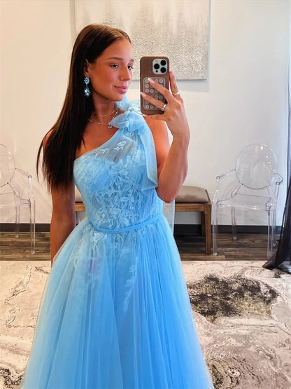Blue Lace Tulle Prom Dresses with Bow One Shoulder & Sit - FD5186-prom dresses 2025 -Viniodress-Blue-Custom Size-