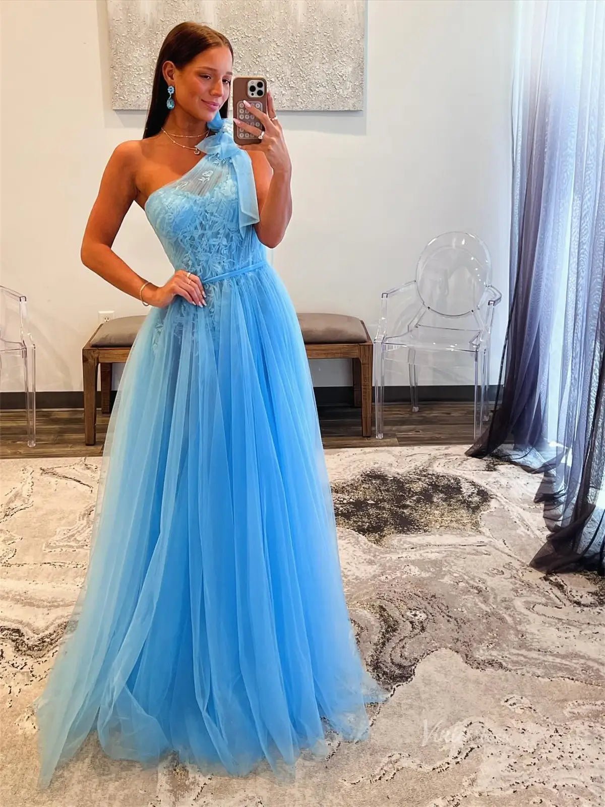 blue dress for baby girl Blue Lace Tulle Prom Dresses with Bow One Shoulder & Sit