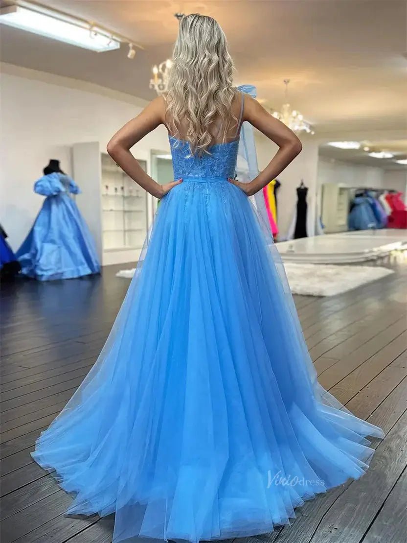 Blue Lace Tulle Prom Dresses with Bow One Shoulder & Sit - FD5186-prom dresses 2025 -Viniodress-Blue-Custom Size-