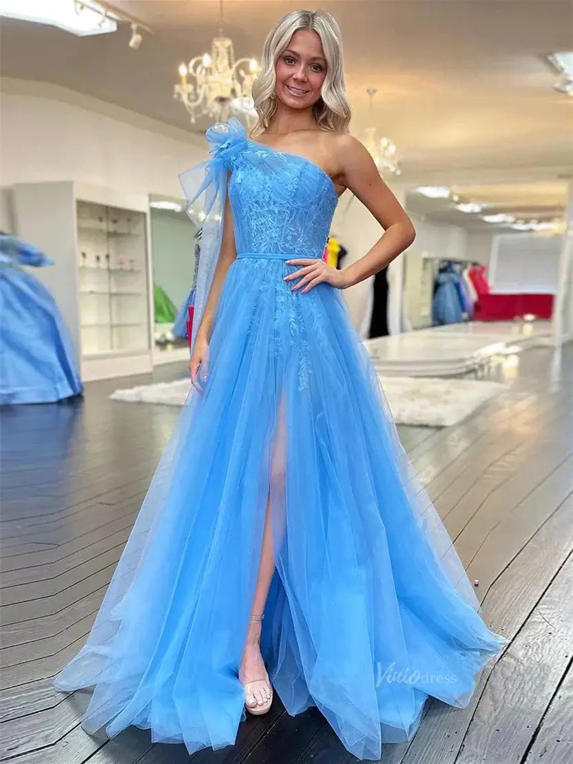 Blue Lace Tulle Prom Dresses with Bow One Shoulder & Sit - FD5186-prom dresses 2025 -Viniodress-Blue-Custom Size-