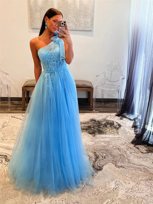 Blue Lace Tulle Prom Dresses with Bow One Shoulder & Sit - FD5186-prom dresses 2025 -Viniodress-Blue-Custom Size-