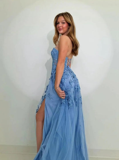 Blue Lace Tulle Strapless Prom Dress – Sweetheart Neckline & High Slit | FD6112-prom dresses 2025 -Viniodress-Blue-Custom Size-