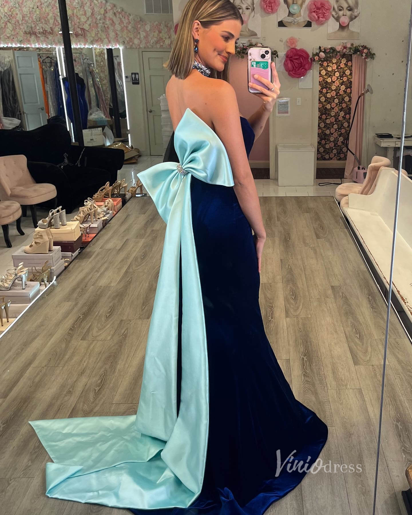 Blue Mermaid Prom Dresses Velvet Sweetheart Neck Bow Tie Evening Dress FD3340-prom dresses 2025 -Viniodress-Blue-Custom Size-